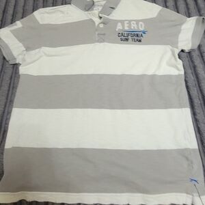 Aeropostale Gray and White Striped Polo Shirt